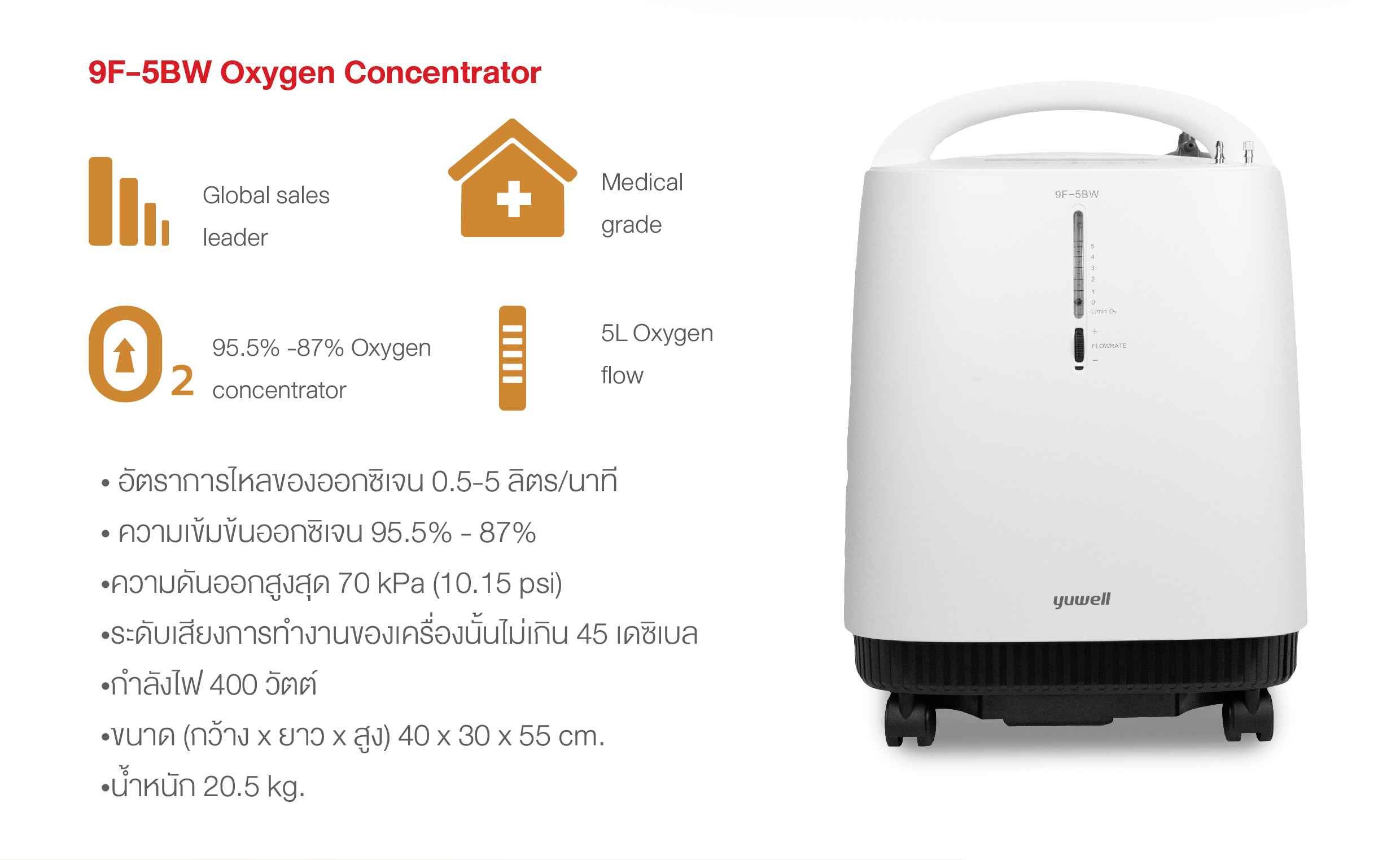 เครื่องผลิตออกซิเจน 5 ลิตร Yuwell รุ่น 9F-5BW