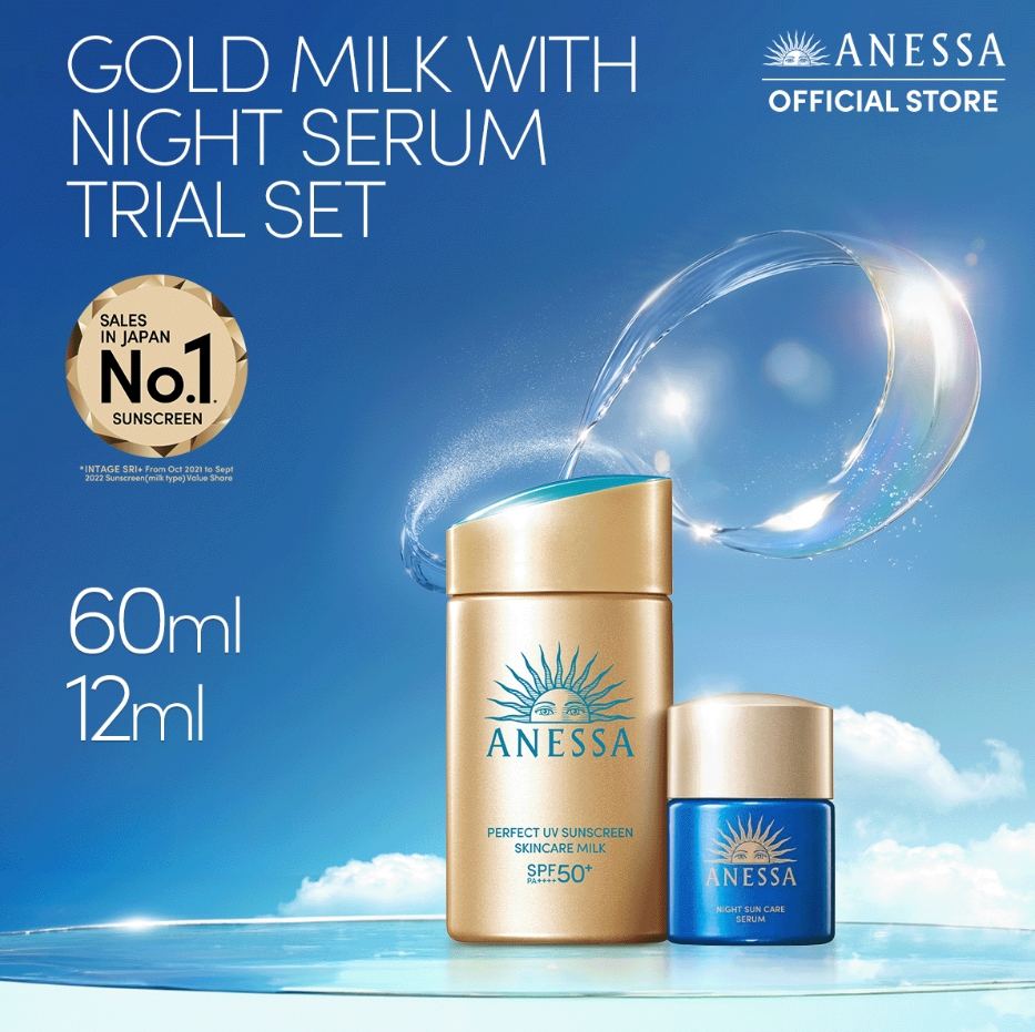 เซตกันแดด Anessa Perfect UV Sunscreen Skincare Milk 60ml. with Night Sun Care Serum 12ml. Trial Set