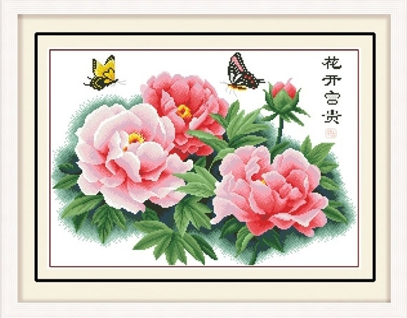 ชุดปักครอสติช ลายดอกโบตั๋น ขนาด ขนาด 62*46 ซม.ผ้าครอสติช 11CTพิมพ์ลายปักบนผ้า+ไหมคอตตอน 27 สี+ผังลาย+เข็ม