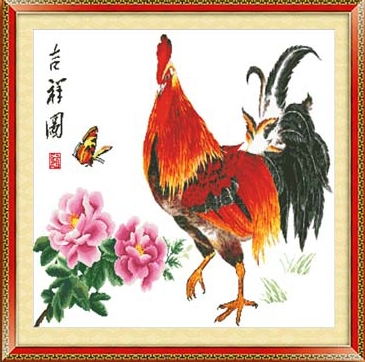 ชุดปักครอสติช ลายไก่มงคลคู่โบตั๋น (ไม่มีเดินเส้น) ขนาด 93*72 ซม.ผ้าครอสติช 11CTพิมพ์ลายปักบนผ้า ไหมคอตตอน 46 สี ผังลาย เข็ม