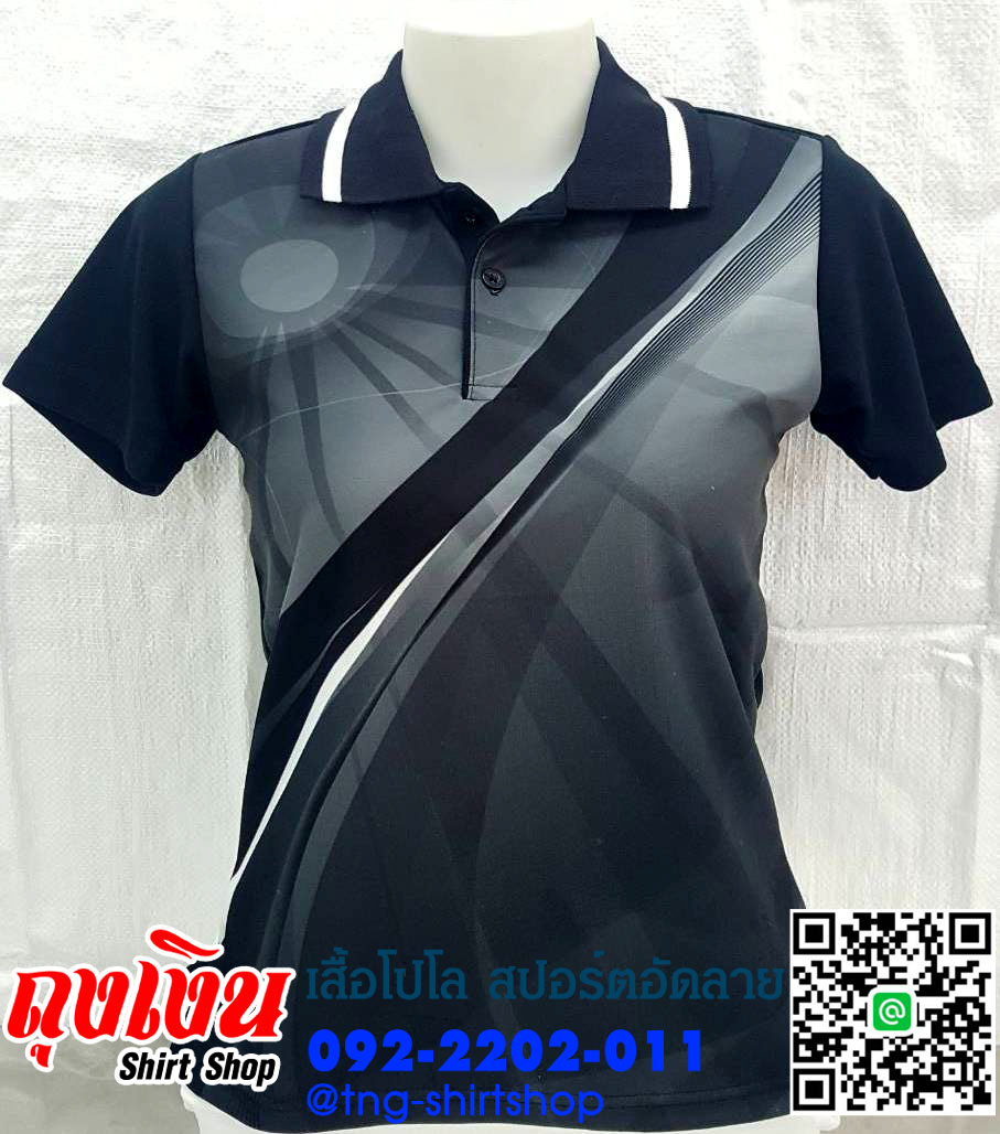 MN เสื้อโปโลพิมพ์ลาย ทรงชาย-หญิง สีดำ