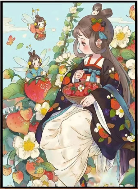ชุดปักครอสติช ลายสาวน้อยสตรอเบอรี่ (งานปักเต็มลาย ไม่มีเดินเส้น ผ้าตาใหญ่ ปักครั้งละ 4 เส้นเล็ก) ขนาด 64*84 ซม.ผ้าครอสติช 9CTพิมพ์ลายปักบนผ้า ไหมคอตตอน 39 สี ผังลาย เข็ม
