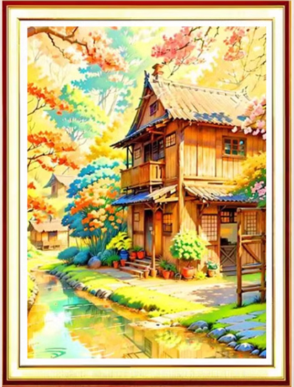 ชุดปักครอสติช ลายบ้านสวยกลางป่าใหญ่ (งานปักเต็มลาย ไม่มีเดินเส้น ปักครั้งละ 3 เส้นเล็ก) ขนาด 50*70 ซม.ผ้าครอสติช 11CTพิมพ์ลายปักบนผ้า ไหมคอตตอน 38 สี ผังลาย เข็ม