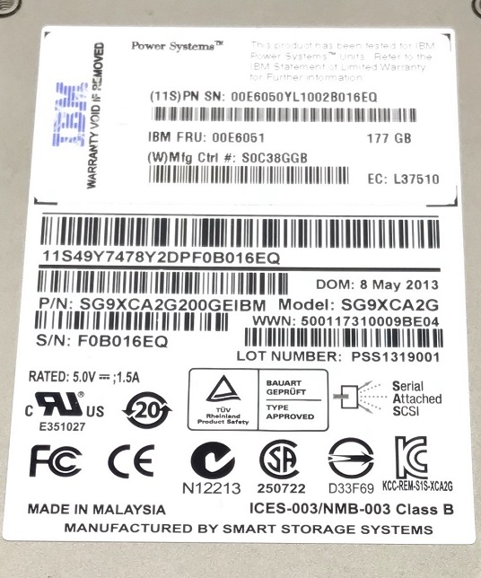 IBM 00E6050, 00E6051, FC 1775, CCIN 58B3 [TorCompTH Thailand ขาย จำหน่าย ราคา] IBM 177GB SSD SFF-1 SAS HDD for Power7