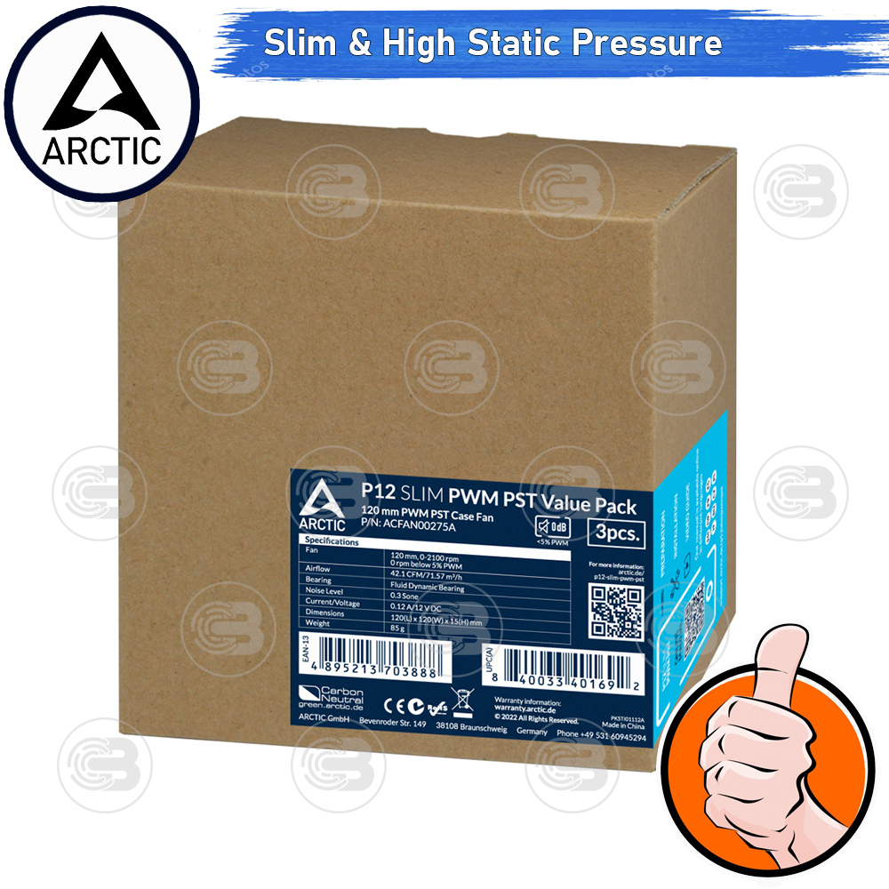 [CoolBlasterThai] ARCTIC P12 SLIM PWM PST BLACK (120 mm.) X3 Value Pack PC Fan Case ประกัน 6 ปี