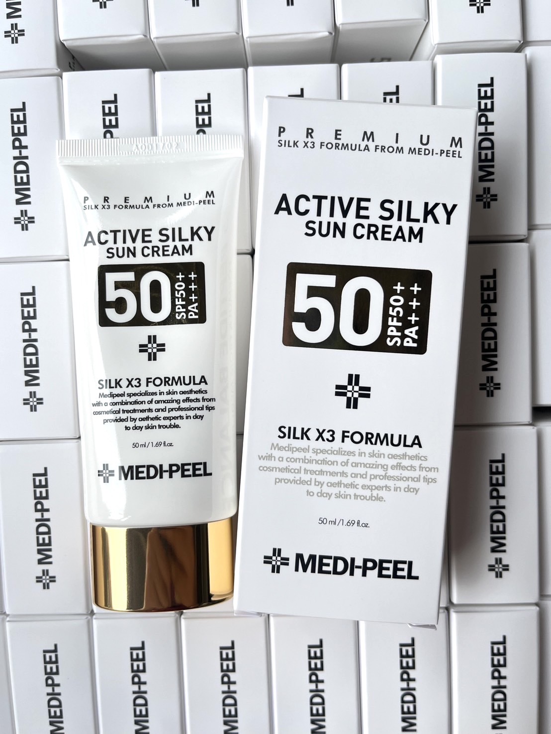 Medi-Peel Active Silky Sun Cream SPF50+ PA+++ 50ml. ครีมกันแดดเนื้อสีขาว ทาเเล้วไม่วอก (1กล่อง)