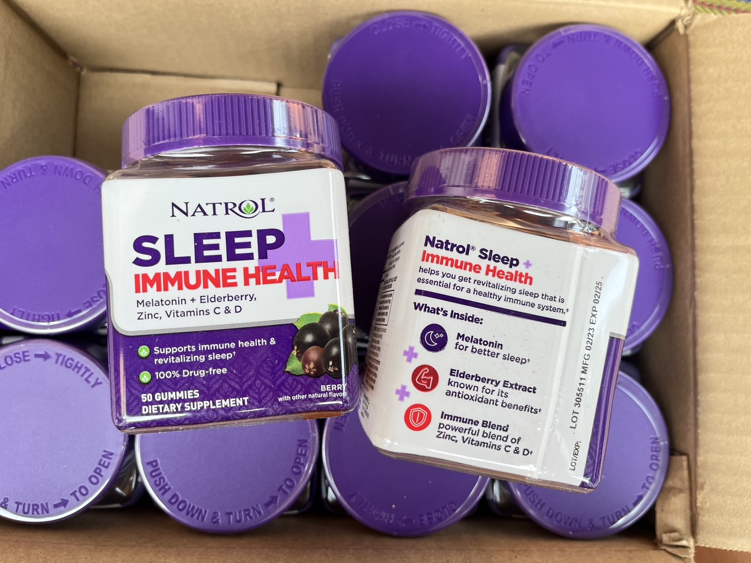Natrol Sleep + Immune Health Gummies (Melatonin 6mg + Elderberry, Zinc, Vitamins C & D) บรรจุ 50 ชิ้น # รส BERRY