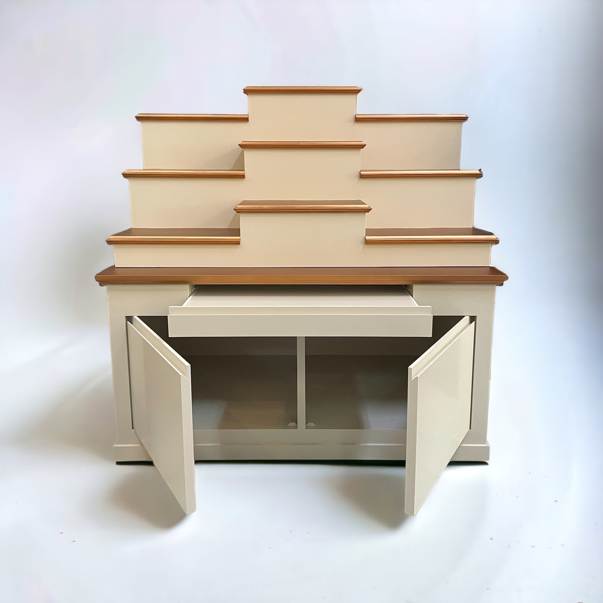 ตู้พระแบบสูง 9x8 โมเดิร์น ขั้นบันได 9 ขั้น สีครีมท็อปพิงค์โกลด์