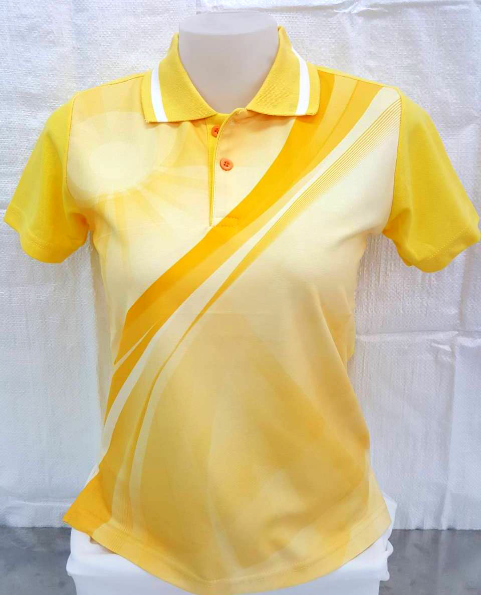 MN POLO เสื้อโปโล เสื้อคอปก เสื้อทีม สีเหลืองพิมพ์ลาย 01 ทรงชาย-หญิง