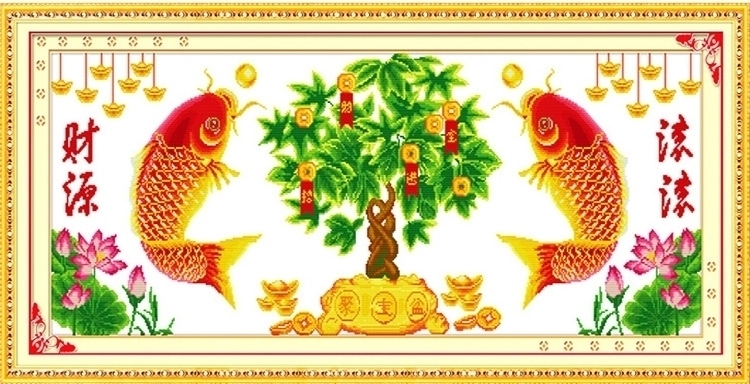 ชุดปักครอสติช ลายปลาคู่มงคลเรียกทรัพย์ (ไม่มีเดินเส้น ปักครั้งละ 3 เส้นเล็ก) ขนาด 112*46 ซม.ผ้าครอสติช 11CTพิมพ์ลายปักบนผ้า ไหมคอตตอน 32 สี ผังลาย เข็ม