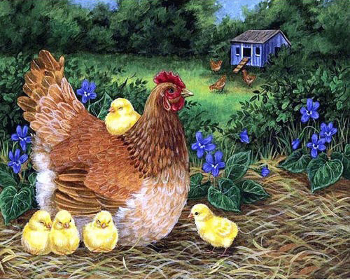 ชุดภาพติดคริสตัลกลม ลายแม่ไก่กับลูกเจี๊ยบ (งานติดเต็มภาพ) ขนาด 50*40 ซม.ผ้าแคนวาสลงผังลายเต็ม+คริสตัลกลม 35 สี+อุปกรณ์ครบชุด