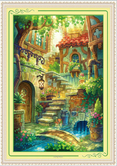 ชุดปักครอสติช ลายสวนสวยหลังบ้าน (งานปักเต็มลาย ไม่มีเดินเส้น) ขนาด 60*80 ซม.ผ้าครอสติช 11CTพิมพ์ลายปักบนผ้า ไหมคอตตอน 45 สี ผังลาย เข็ม
