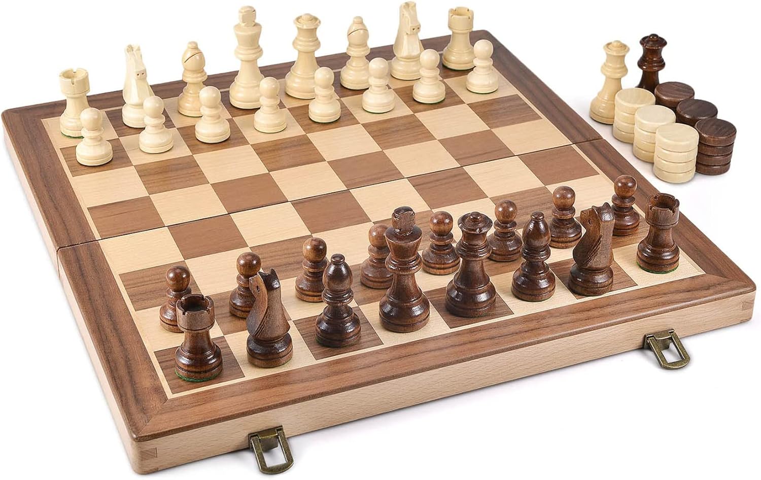 ชุดหมากรุกสากลไม้walnut+maple 2in1 German Knight Staunton Wooden Chess Set 5