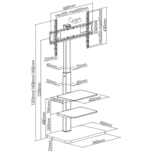 ENIX F8600 series ขาตั้งทีวี 37“-75" Home Use TV Floor Stand with Double shelves, Max VESA 600x400mm., Weight Capacity 40 Kg., (ไม่มีล้อ)