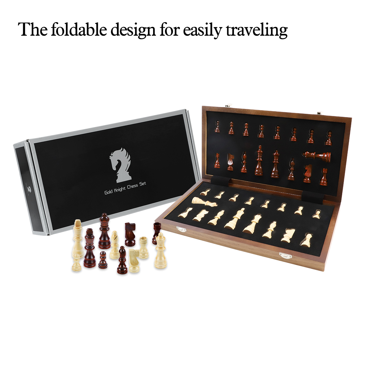 ชุดหมากรุกสากลไม้walnut+maple (แม่เหล็ก) Gold Knight Wooden Chess Set 5