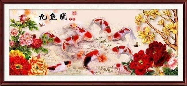 ชุดปักครอสติช ลาย 9 ปลาคาร์ฟในสวนดอกไม้มงคล(งานปักเต็มลาย)ขนาด 120*52 ซม.ผ้าครอสติช 11CTพิมพ์ลายปักบนผ้า ไหมคอตตอน 43 สี ผังลาย เข็ม