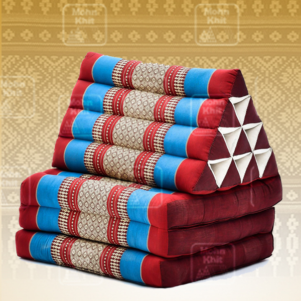 หมอนสามเหลี่ยมฝ้ายขิด 10 ช่องติดเบาะ 3พับ 53x165x30cm// Tri-angle kapok100%Traditional Floor Cushions 10 holes with 3 part of mattress.