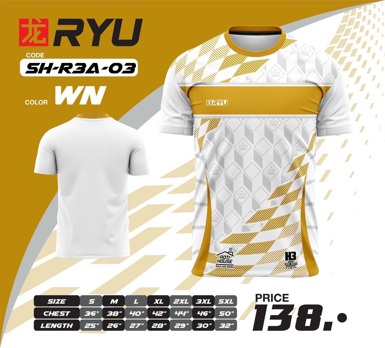 RYU H3 SPORT SH-R3A-03 เสื้อกีฬา เสื้อกีฬาพิมพ์ลาย สีขาว