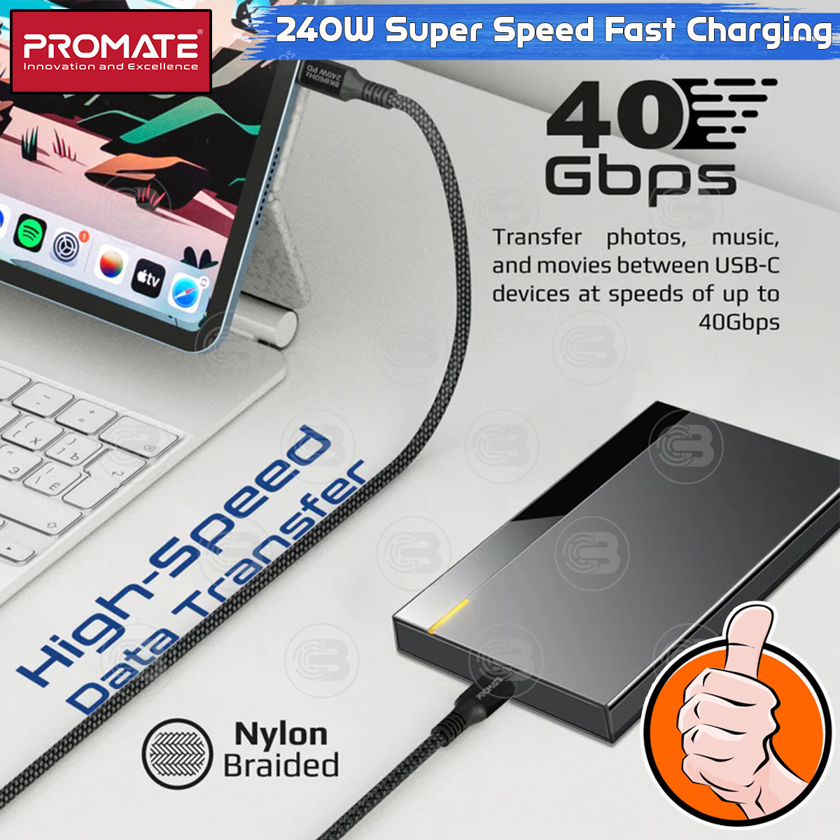 [CoolBlasterThai] PROMATE 240W Super Speed Fast Charging USB-C Cable (PowerBolt240-1M) (2Y Warranty)