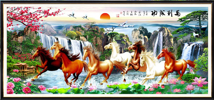 ชุดปักครอสติช ลาย 8 อาชา (งานปักเต็มลาย ไม่มีเดินเส้น) ขนาด 120*50 ซม.ผ้าครอสติช 11CTพิมพ์ลายปักบนผ้า ไหมคอตตอน 29 สี ผังลาย เข็ม