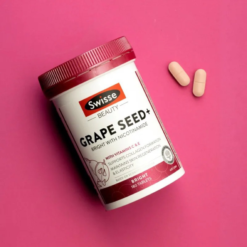 สูตรใหม่เน้นดูแลผิว Swisse Grape Seed + with nicotinamide ขนาด 180 เม็ด (1กระปุก) เกรปซีดพลัส
