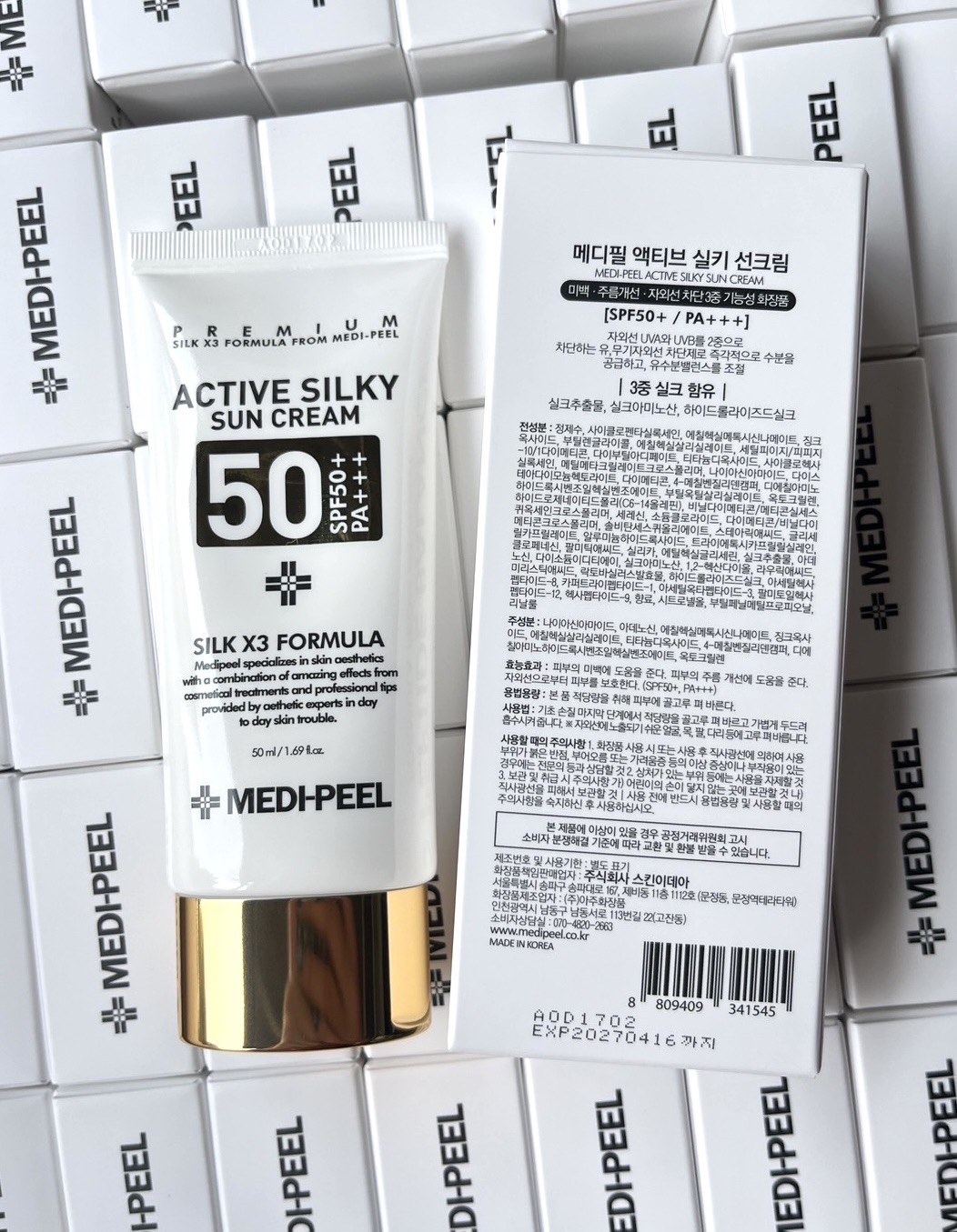 Medi-Peel Active Silky Sun Cream SPF50+ PA+++ 50ml. ครีมกันแดดเนื้อสีขาว ทาเเล้วไม่วอก (1กล่อง)