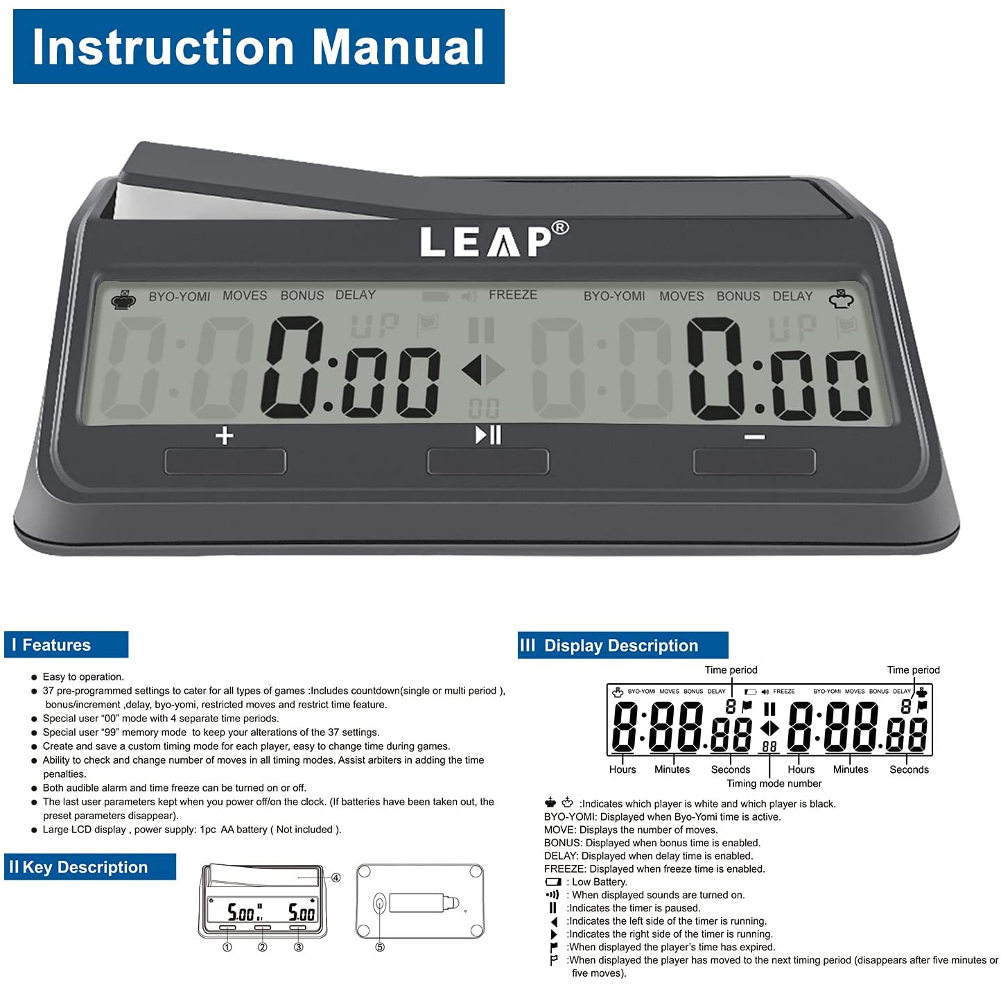 นาฬิกาจับเวลาหมากรุกแบบดิจิตอล Leap Digital Clock PQ9921