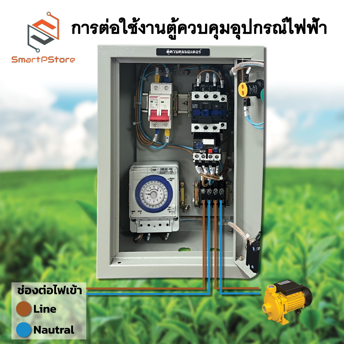 ตู้ควบคุมมอเตอร์ไฟฟ้า ปั๊มน้ำ 0.5Hp-3Hp ตั้งเวลา เปิด-ปิดผ่าน Timer Analog TB35-N 24ชั่วโมง