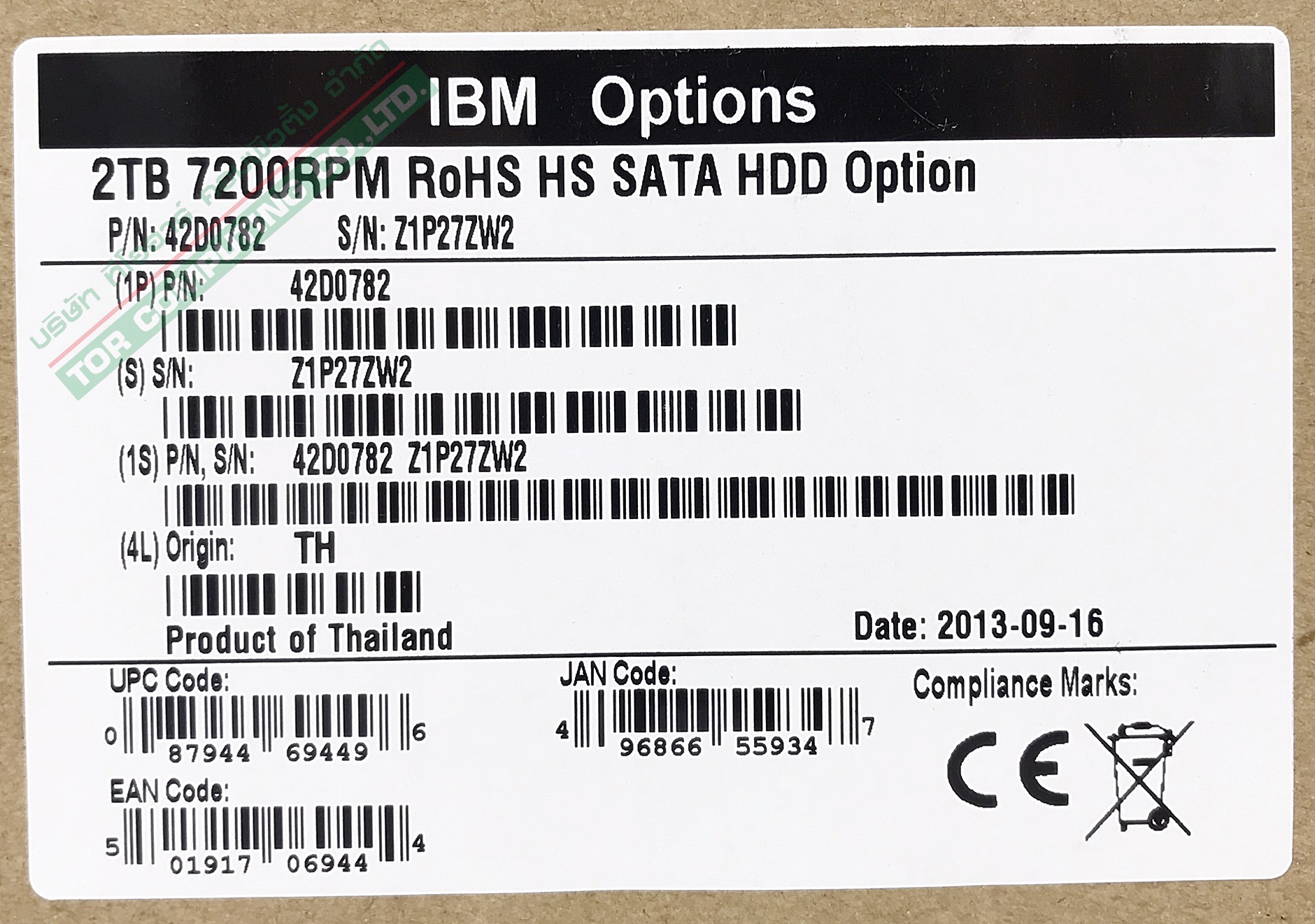 NEW IBM 42D0782 / 42D0783 [TorCompTH Thailand - ขาย จำหน่าย ราคา] IBM 2TB 7.2K 6GB SATA 3.5in HDD for System x