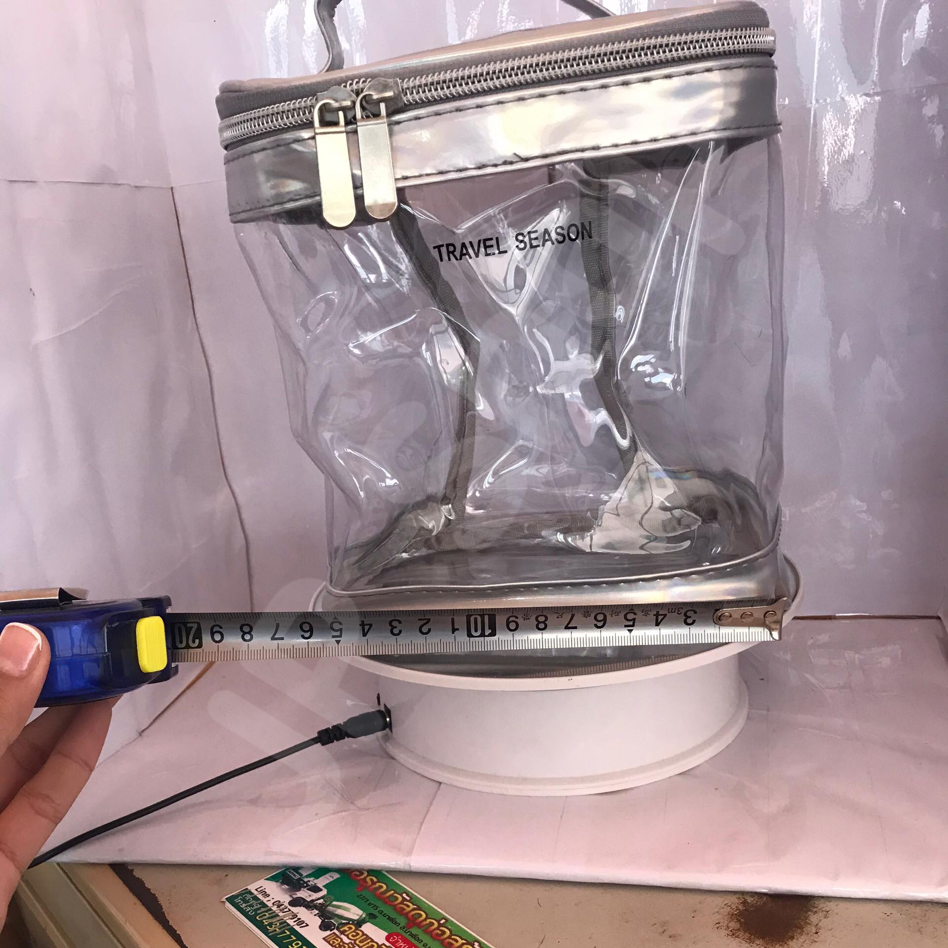 กระเป๋าใส่เครื่องสำอาง ทรงกระบอก สีเทา โปร่งใส ราคา/1 ใบ #0131