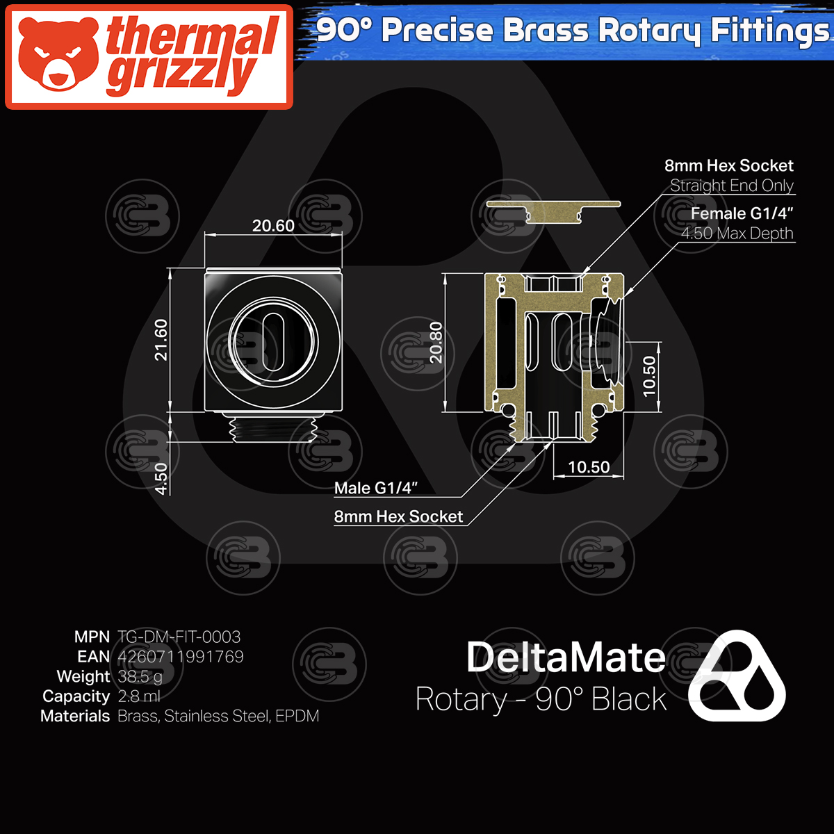 [CoolBlasterThai] Thermal Grizzly DeltaMate Rotary 90° Fittings Black Machined Brass