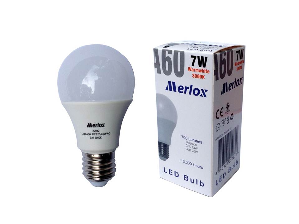 หลอดไฟ LED A60 220-240V 7W 700LM 3000K E27 MERLOX