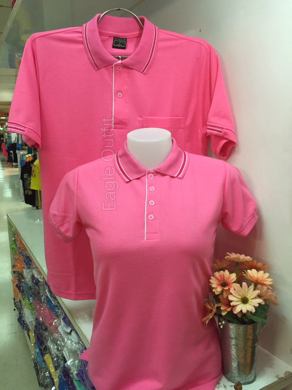 เสื้อโปโล ทรงชาย-หญิง สีชมพูขลิบชมพูเข้ม