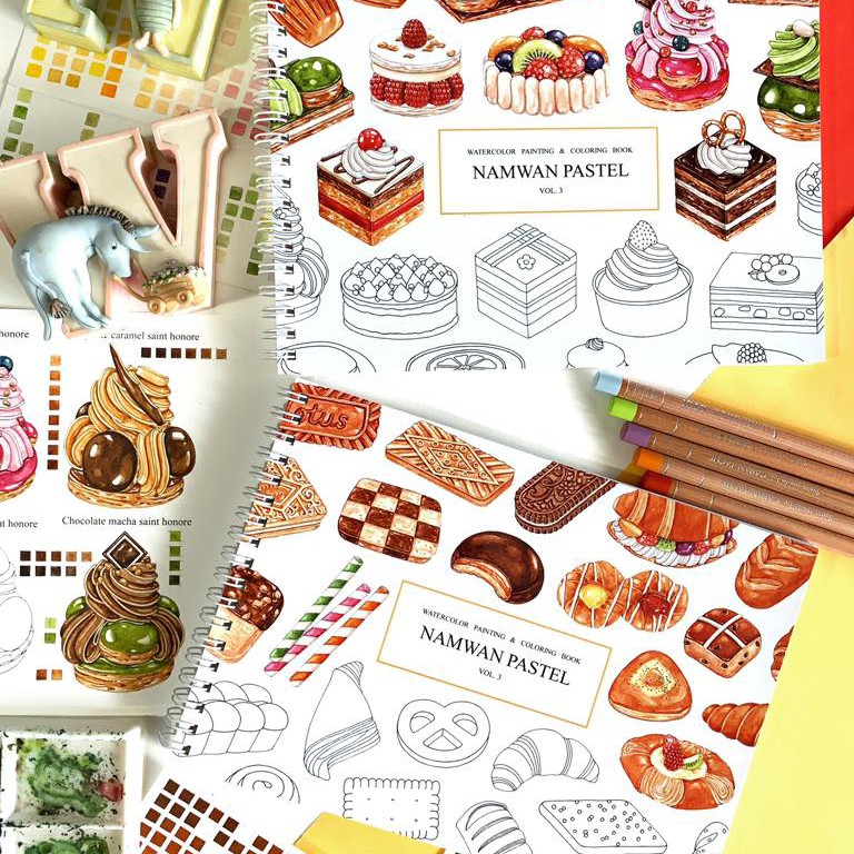 สมุดระบายสี สีน้ำ สีไม้ NAMWAN PASTEL สอนระบายสี ขนมเค้ก / ไอศกรีม / ดอกไม้ / ใบไม้