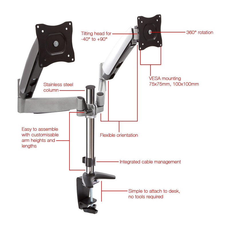 Metalnic MT-D500 ขาตั้งจอคอม ขายึดจอคอม 2 จอแบบ Gas Spring structure สำหรับจอขนาด 13-27 นิ้ว Max VESA 100x100mm., weight capacity 9 Kg./screen
