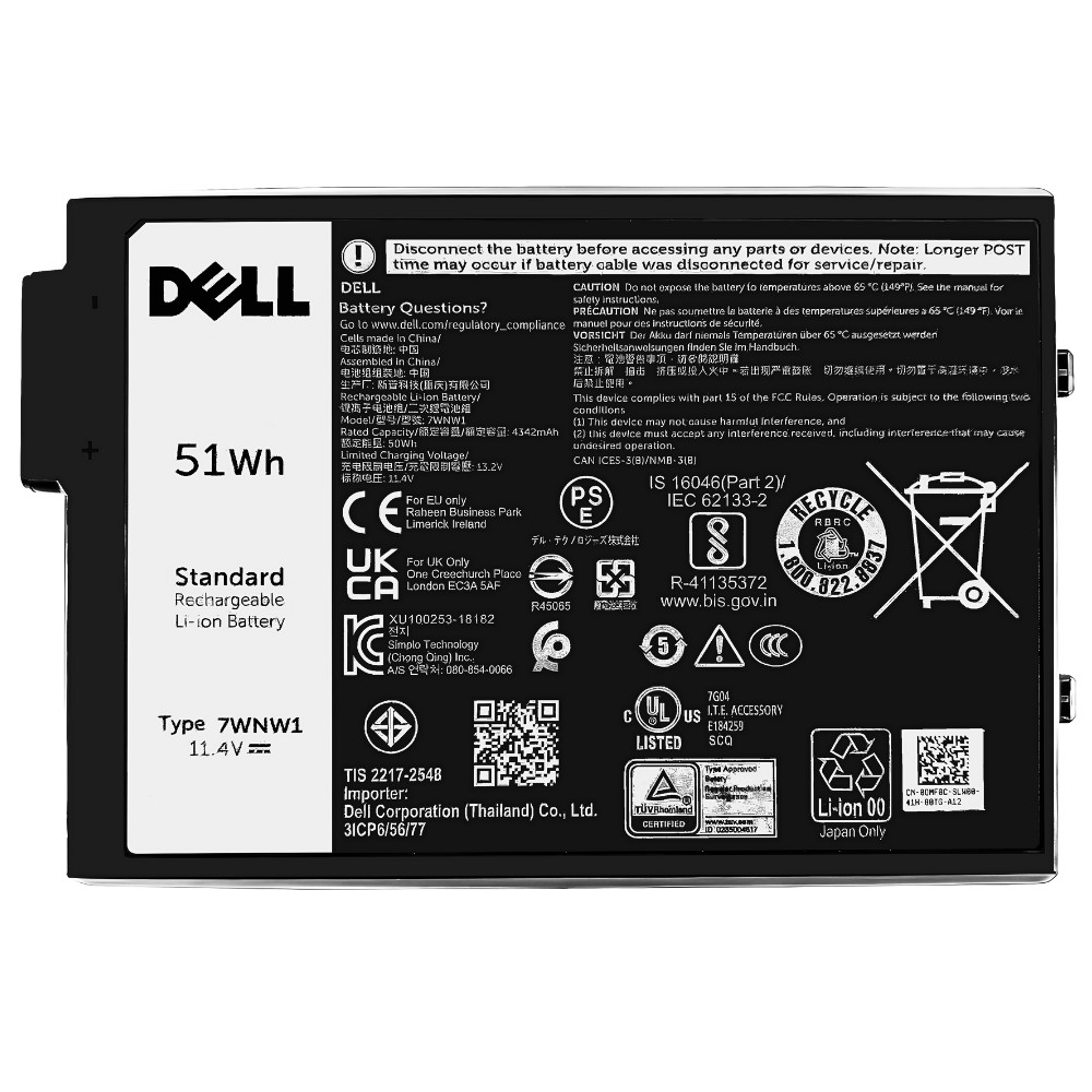 Battery Dell Latitude 7424 Rugged, 3-Cell, 51Wh, แบตเตอรี่ Dell 7WNW1 ของแท้รับประกันศูนย์ Dell Thailand ราคาไม่แพง
