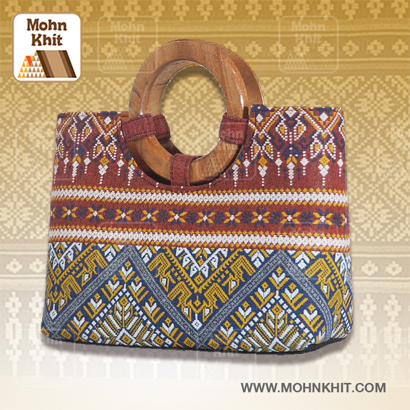 กระเป๋าผ้ามัดหมี่,กระเป๋าผ้าขิด กระเป๋าถือไม้ กระเป๋าหิ้ว 11x27x32 Cm//Khit Bag, Tote Bag, Tote Bag 11x32x32 Cm