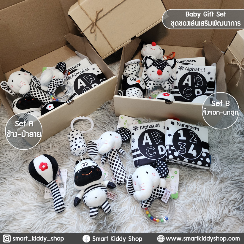 Baby Gift Set 6 ชิ้น ชุดของขวัญเด็กแรกเกิด ของเล่น หนังสือผ้าเสริมพัฒนาการ สีขาว-ดำ