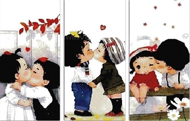 ชุดปักครอสติช เซต 3 ชิ้น triple kiss (ไม่มีเดินเส้น) ขนาด 79*44 ซม.ผ้าครอสติช 11CTพิมพ์ลายปักบนผ้า ไหมคอตตอน 42 สี ผังลาย เข็ม