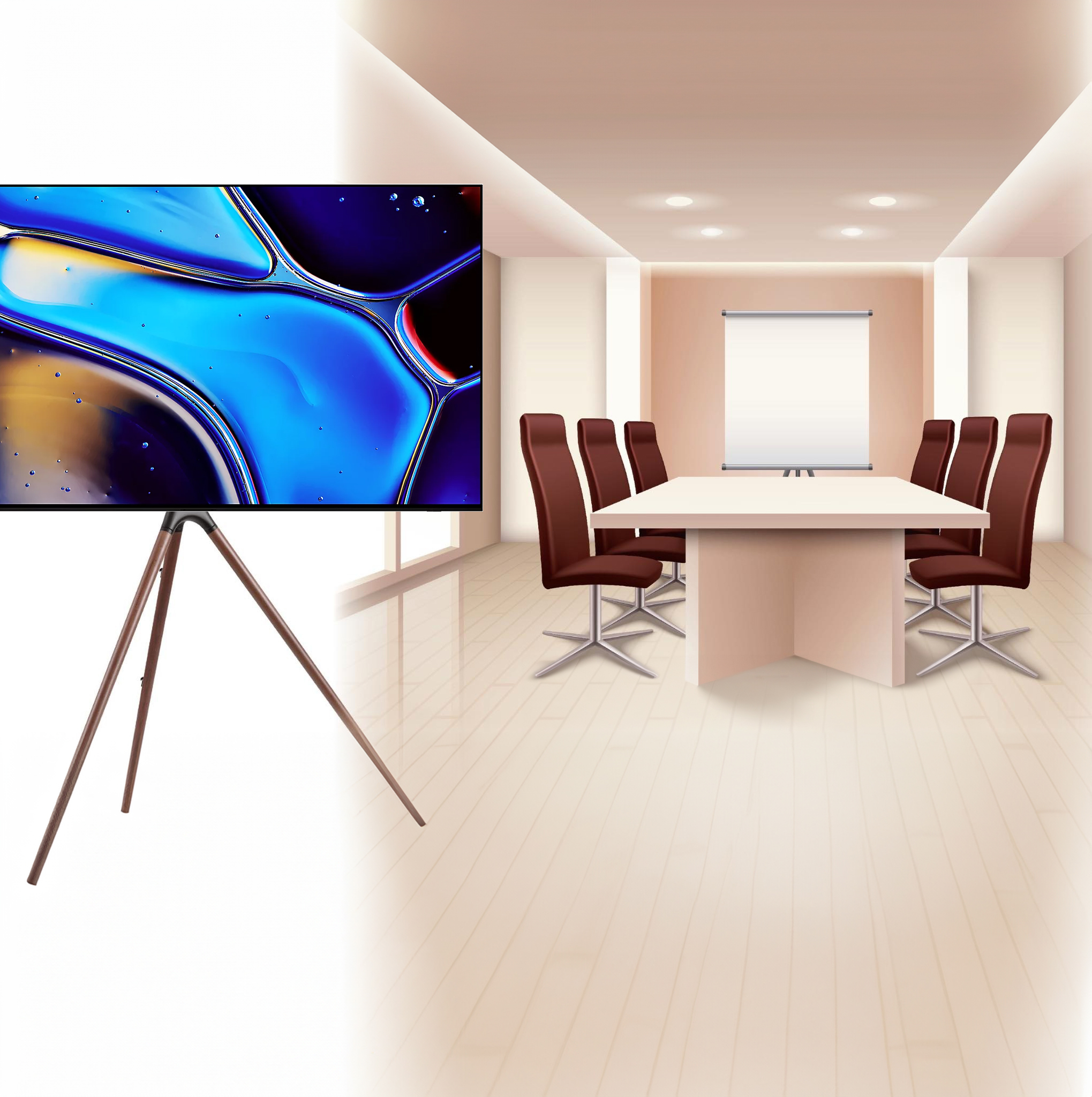 SM3070STA ขาตั้งทีวี 43”- 65” ดีไซน์ขาตั้งภาพสามขา Tripod Easel TV Stand, Wooden Legs, 180° Swivel