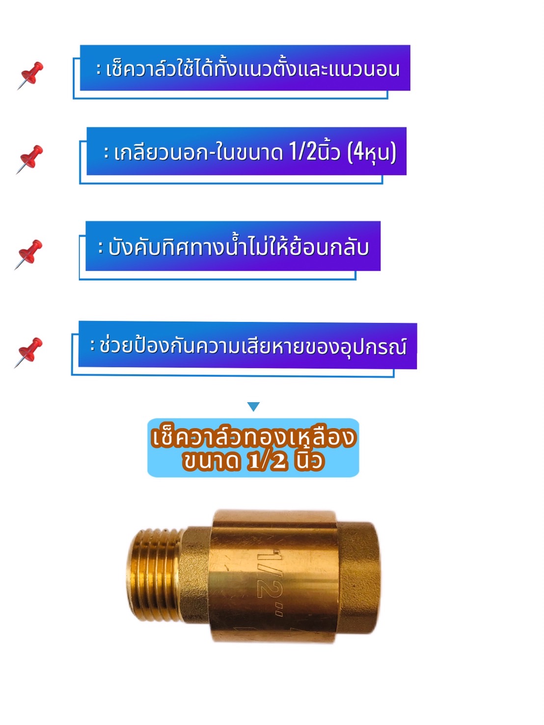 เช็ควาล์วทองเหลือง ขนาด 1/2 นิ้ว เกลียวใน-นอก (น้ำเข้าด้านเกลียวนอก) Brass Check Valve 1/2 inch Female-Male (ThreadInlet pipe, external thread )#00009