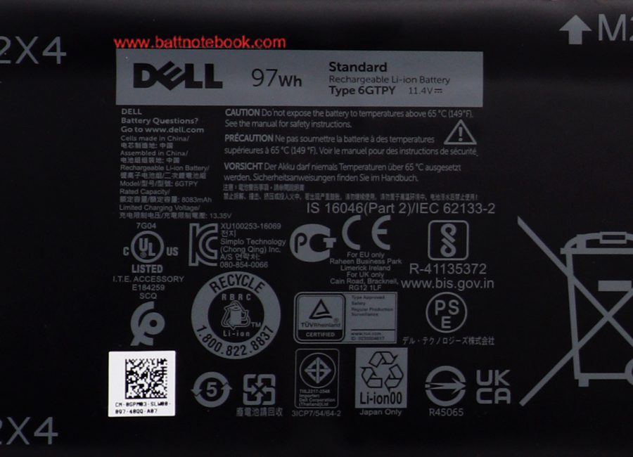 Battery Dell XPS 15 7590 แท้ ราคาพิเศษ 6GTPY 97Whr แบตเตอรี่ Dell XPS 15 7590 แท้ รับประกันศูนย์ Dell Thailand
