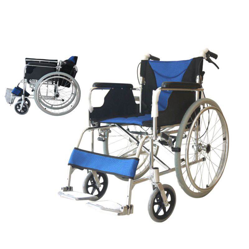 รถเข็นผู้ป่วย แบบพับได้ น้ำหนักเบา สีน้ำเงิน (Wheelchair) รับประกัน 1 ปี