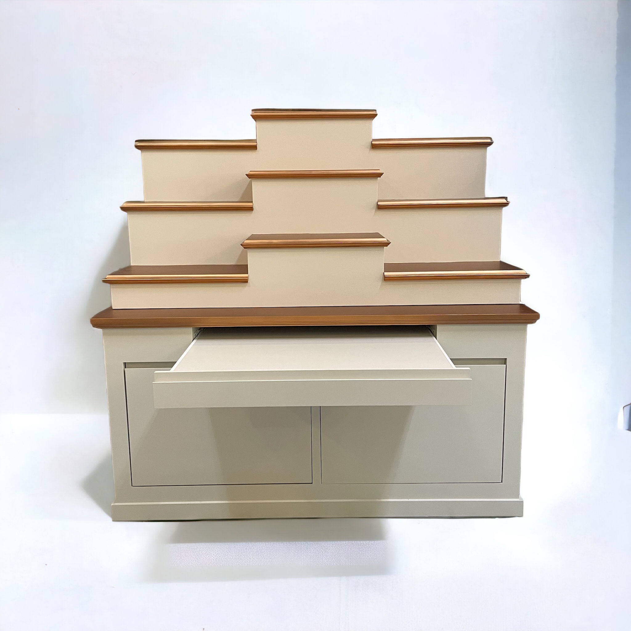 ตู้พระแบบสูง 9x8 โมเดิร์น ขั้นบันได 9 ขั้น สีครีมท็อปพิงค์โกลด์