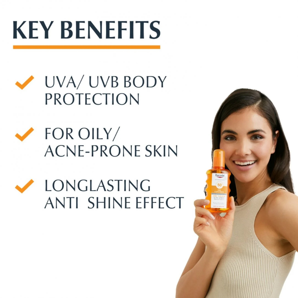 สเปรย์กันแดดทาตัว สูตรคุมความมัน Eucerin Sun Oil Control Dry Touch Sun Spray Transparent SPF50+ 200ml. (1ขวด)