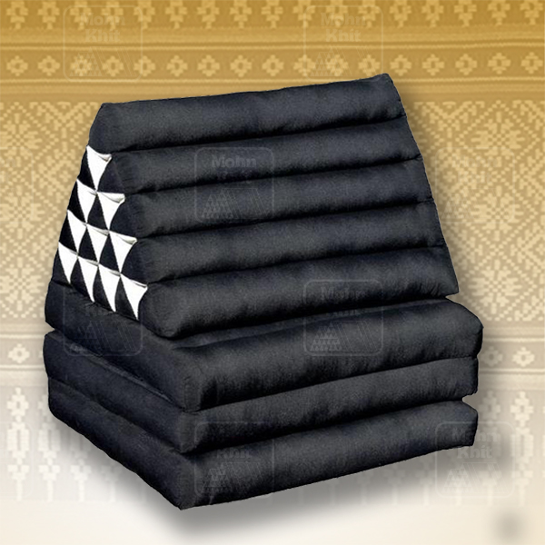 หมอนสามเหลี่ยม 15 ช่องผ้ายีนต์ดำแต่งลายเบาะ 3พับ 55x180x38 cm Tri-angle Khit kapok100%Traditional Floor Cushions 15 holes with 3 part of mattress.