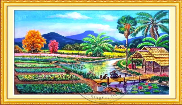 ชุดปักครอสติช ลายวิถีชนบท 4 (งานปักเต็มลาย ไม่มีเดินเส้น ปักครั้งละ 3 เส้นเล็ก) ขนาด 90*60 ซม.ผ้าครอสติช 11CTพิมพ์ลายปักบนผ้า ไหมคอตตอน 64 สี ผังลาย เข็ม