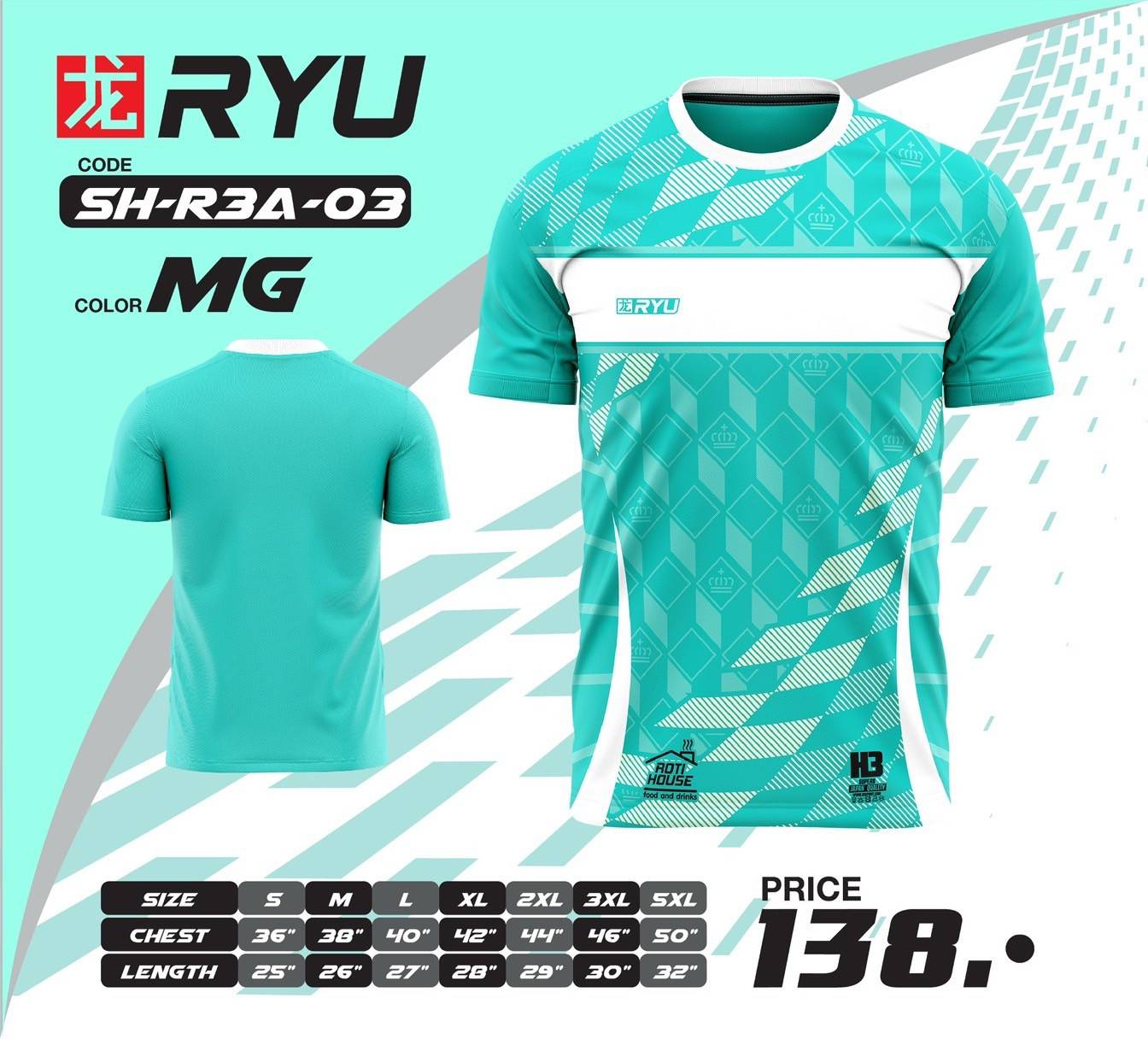 RYU H3SPORT SH-R3A-03 เสื้อกีฬา เสื้อกีฬาพิมพ์ลาย สีเขียวมิ้น