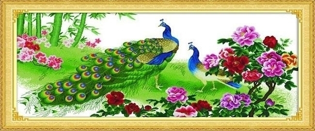 ชุดปักครอสติช ลายนกยูงคู่ในสวนโบตั๋น (ไม่มีเดินเส้น) ขนาด 110*52 ซม ผ้าครอสติช 11CTพิมพ์ลายปักบนผ้า ไหมคอตตอน 67 สี ผังลาย เข็ม