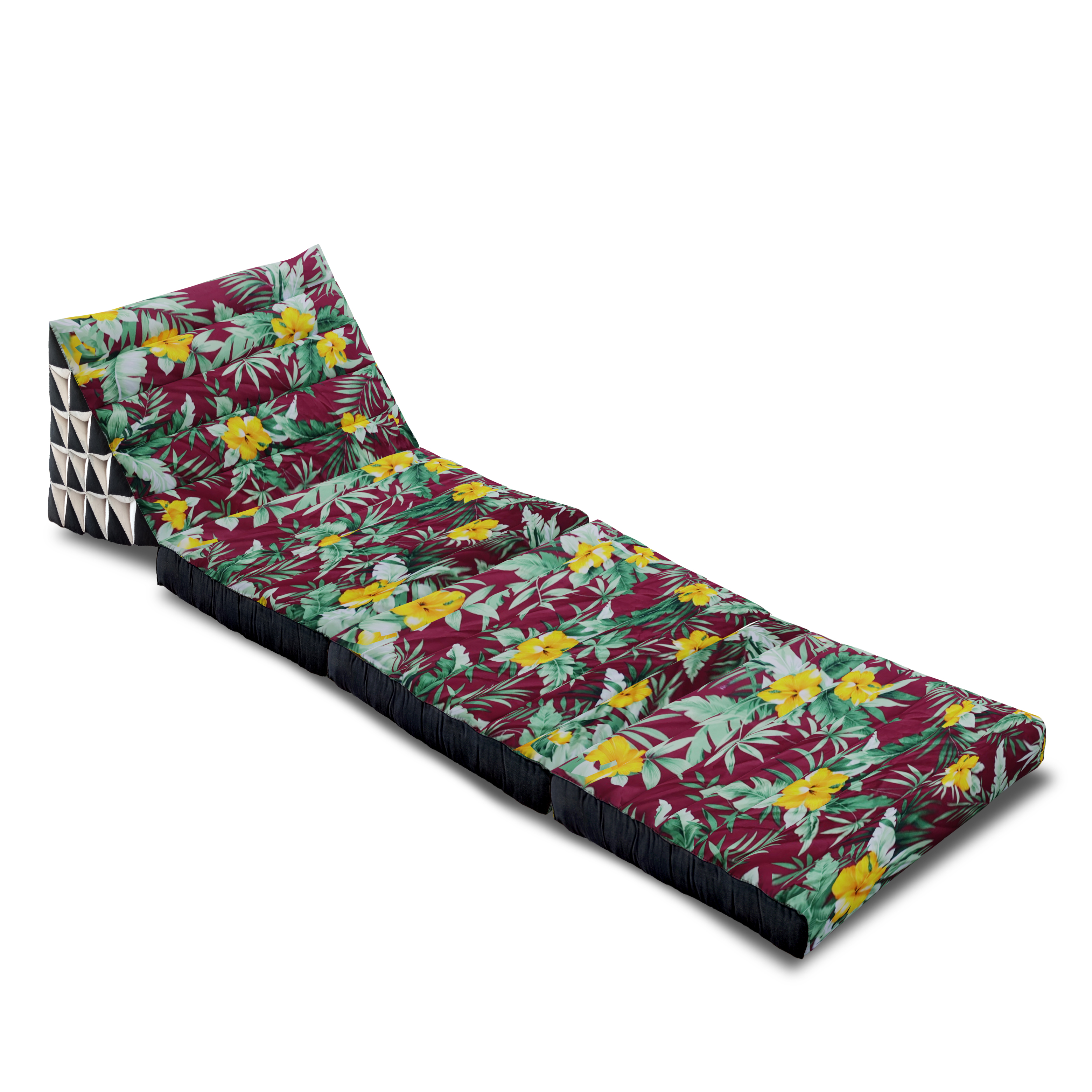 หมอนสามเหลี่ยมลายดอกชบา 15 ช่องติดเบาะ3 พับ 57cmx180cmx36cm Tri-angle Cotton kapok 100%Traditional Floor Cushions 15 holes with 3 part of mattress.